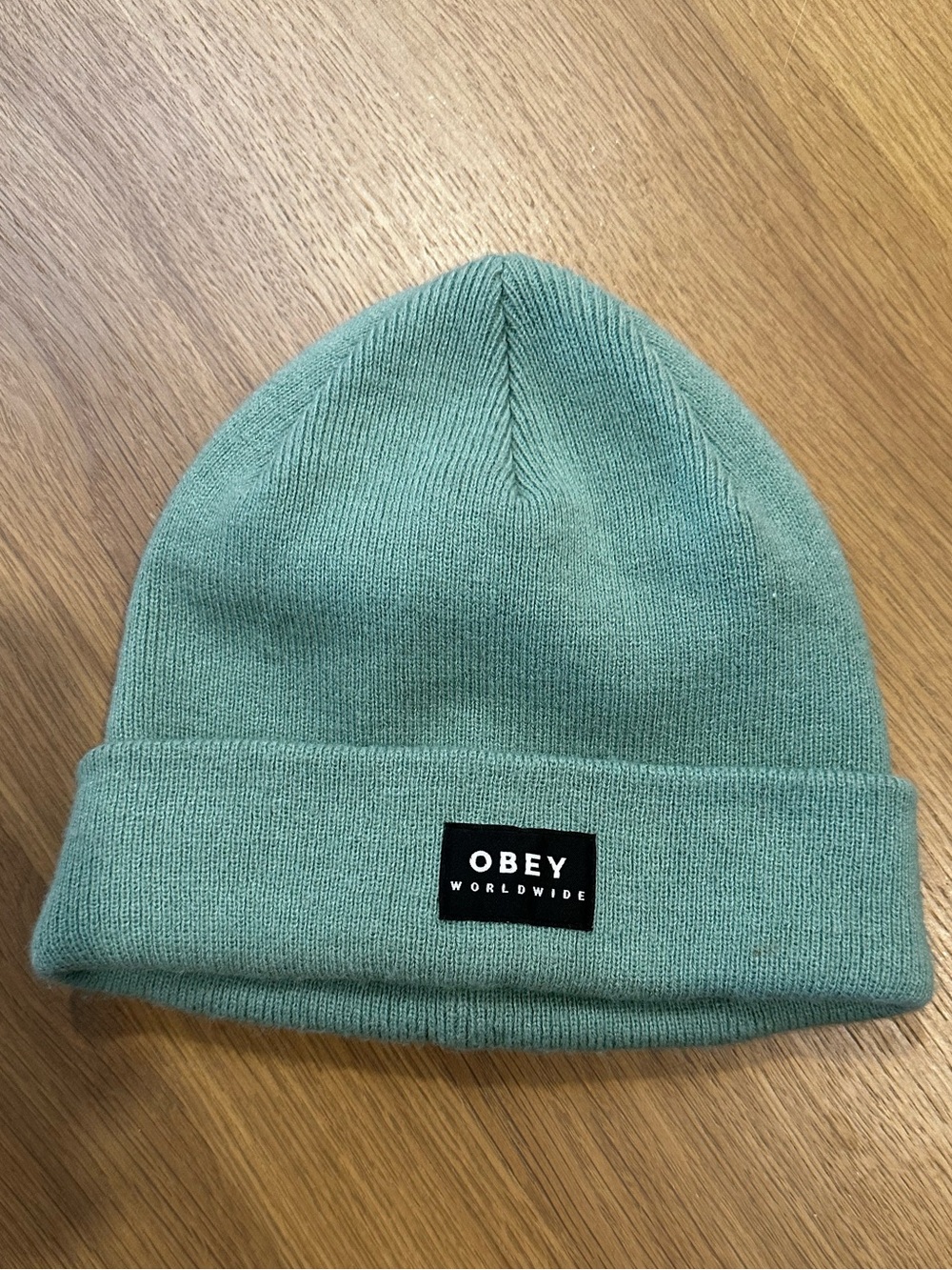 Obey Mint Green Cuffed Knit Beanie with Black Logo Patch